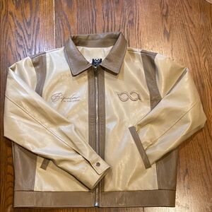 Brown PU Leather Jacket with Embroidered Logo